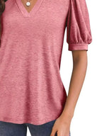 Puff Sleeve Notched Casual T-shirt (18)