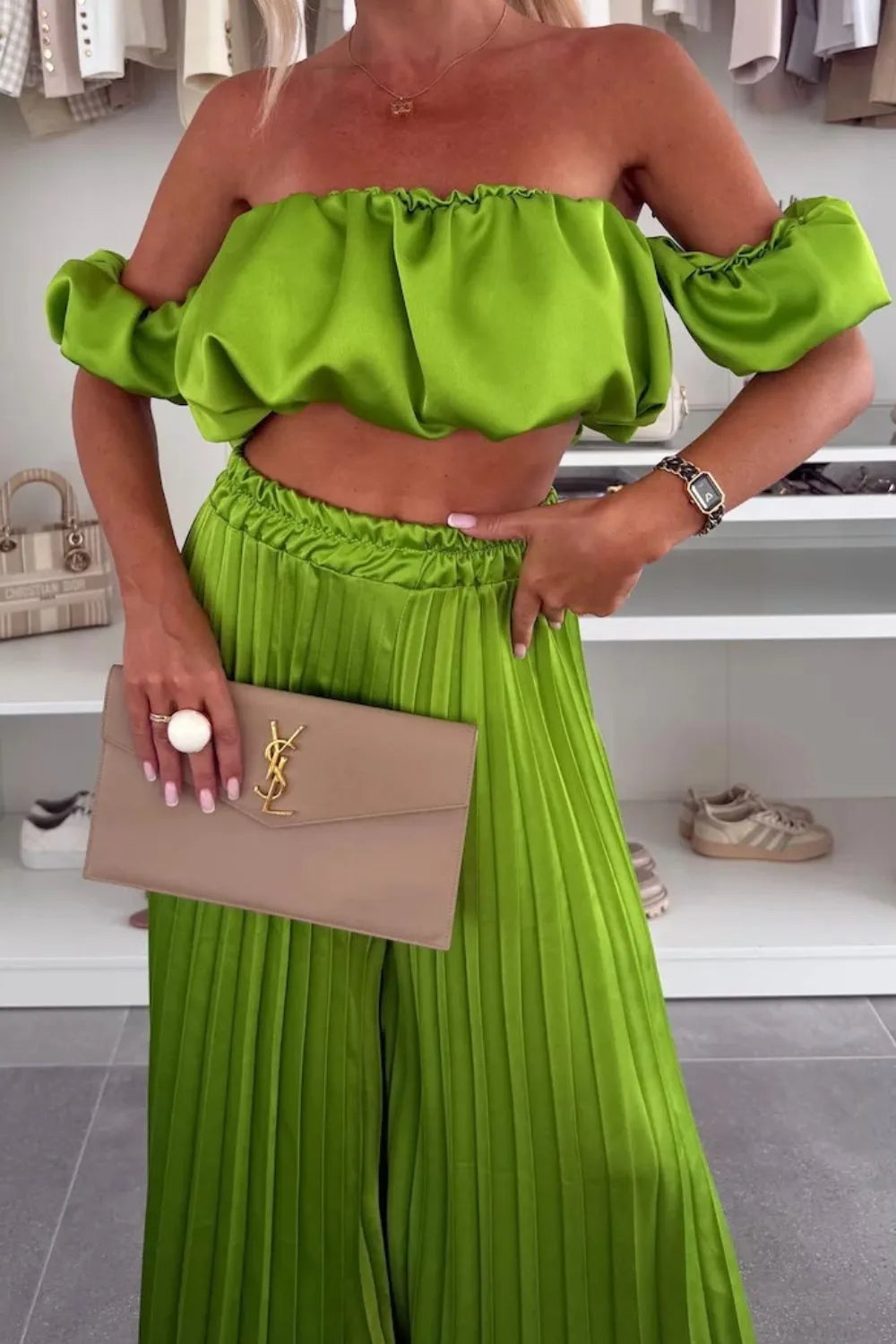 Off-shoulder Top Pleated Pants Set (11)
