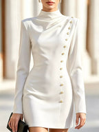 Full Size Decorative Button Mock Neck Mini Dress Plus