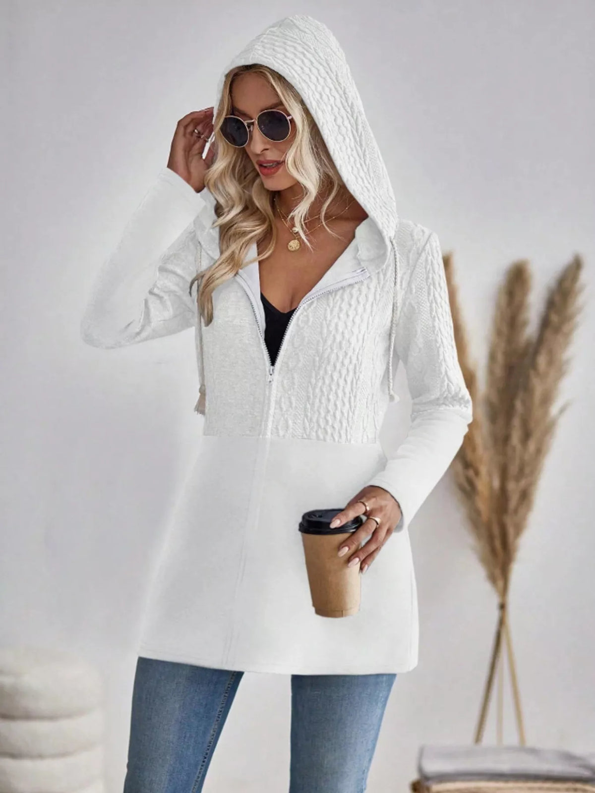 Drawstring Textured Zip Up Hooded Jacket (7)
