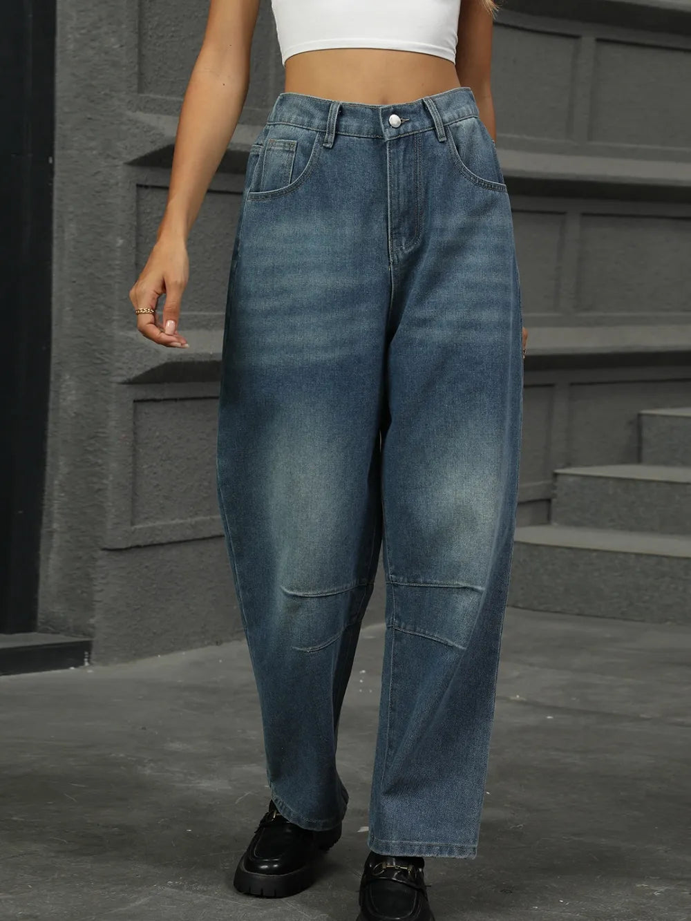 Half Elastic Waist Straight Leg Jeans (15)