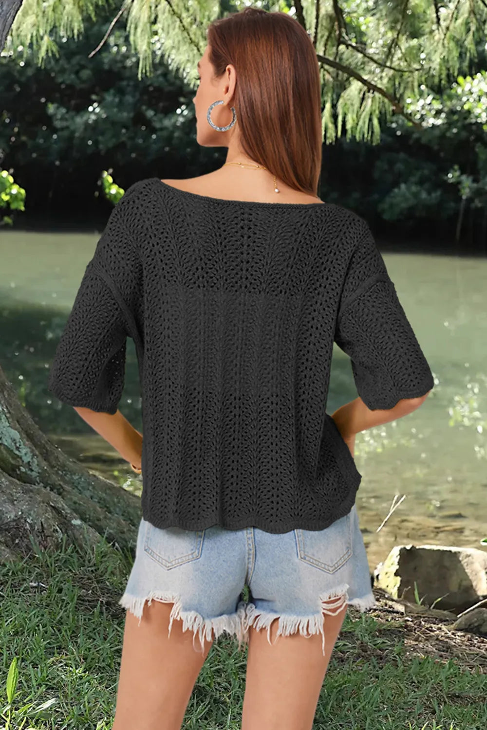 Openwork Round Neck Half Sleeve Knit Top (8)