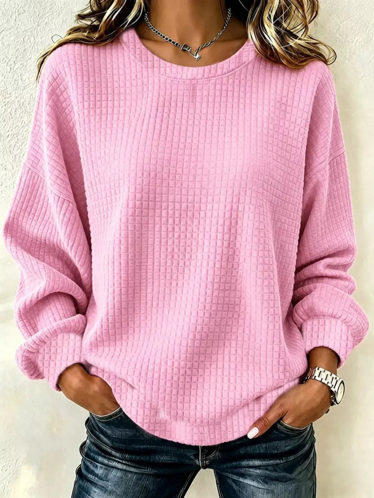 Full Size Textured Crew Neck Long Sleeve Sweatshirt Plus