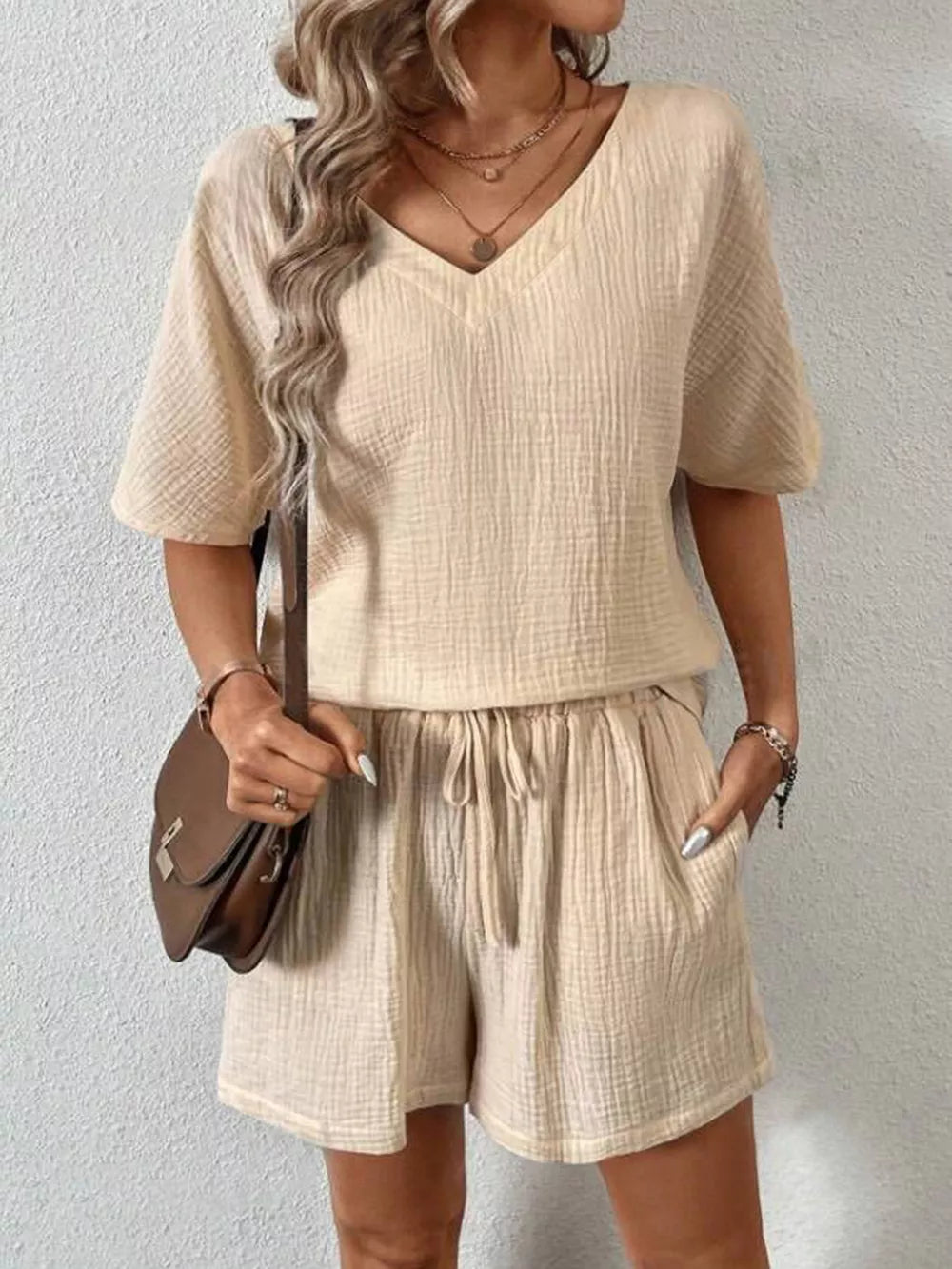 V-neck Half Sleeve Top Shorts Set