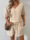 V-neck Half Sleeve Top Shorts Set