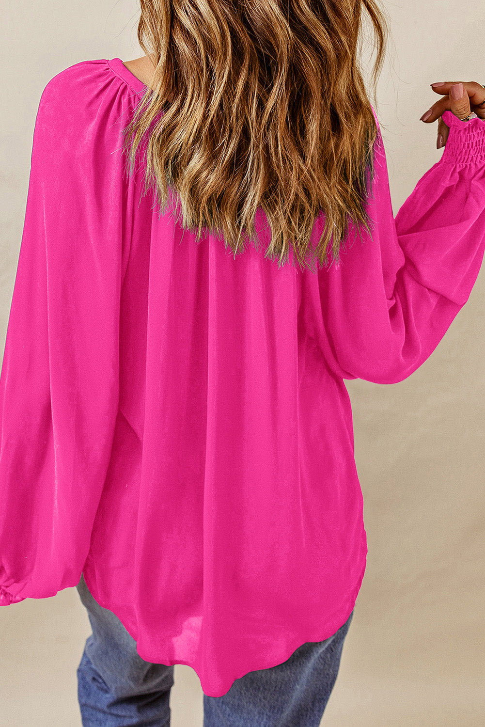 Notched Neck Lantern Sleeve Blouse (2)