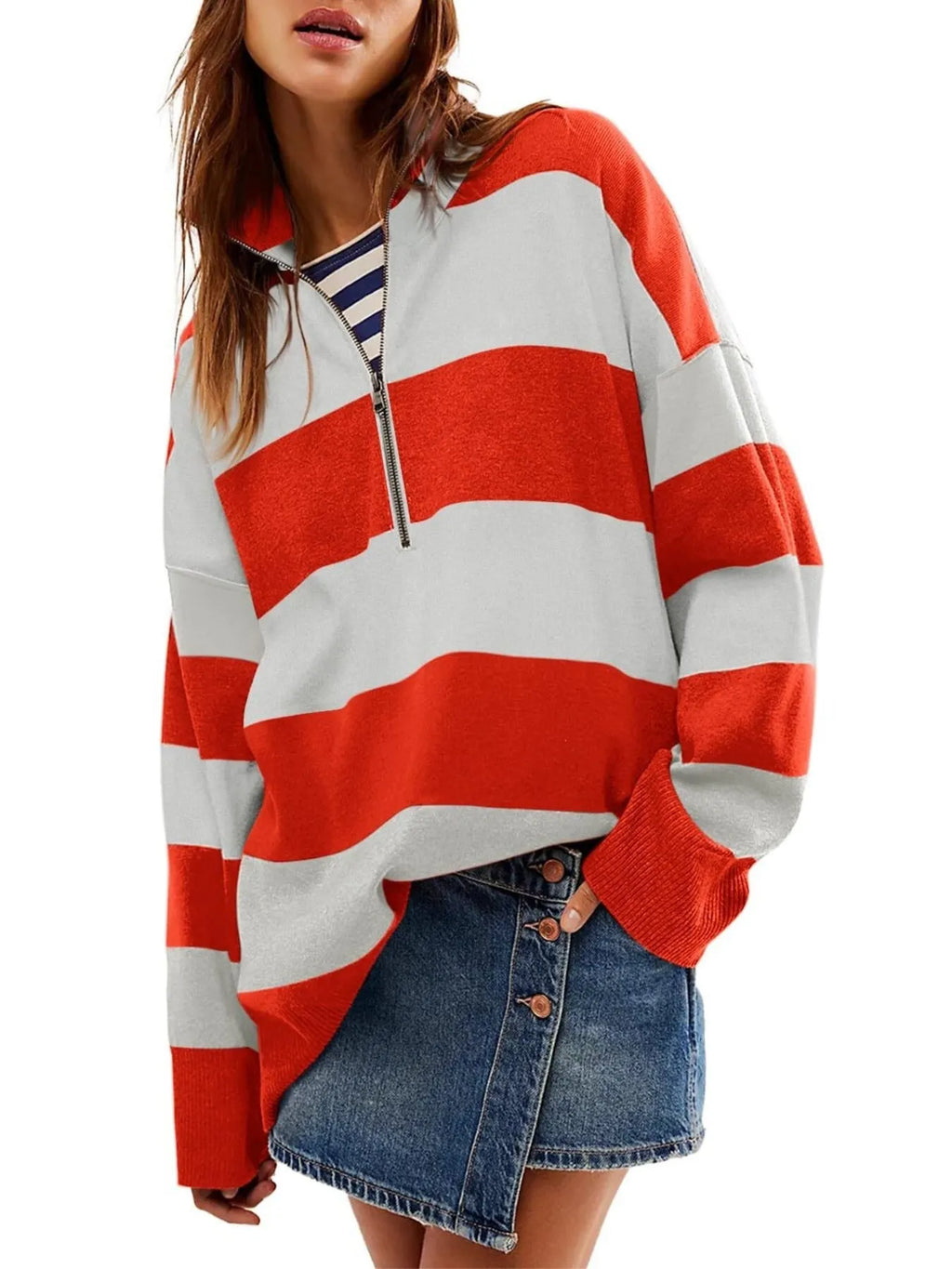 Striped Half-zip Oversized Sweatshirt (8)