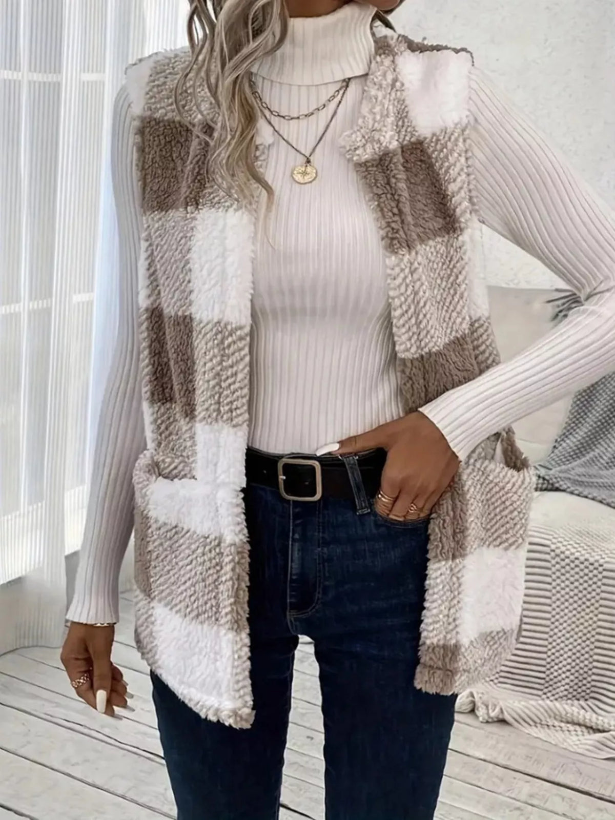 Cozy Plaid Sherpa Vest Coat (4)