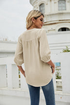 Swiss Dot Notched Neck Three-quarter Sleeve Blouse (26)