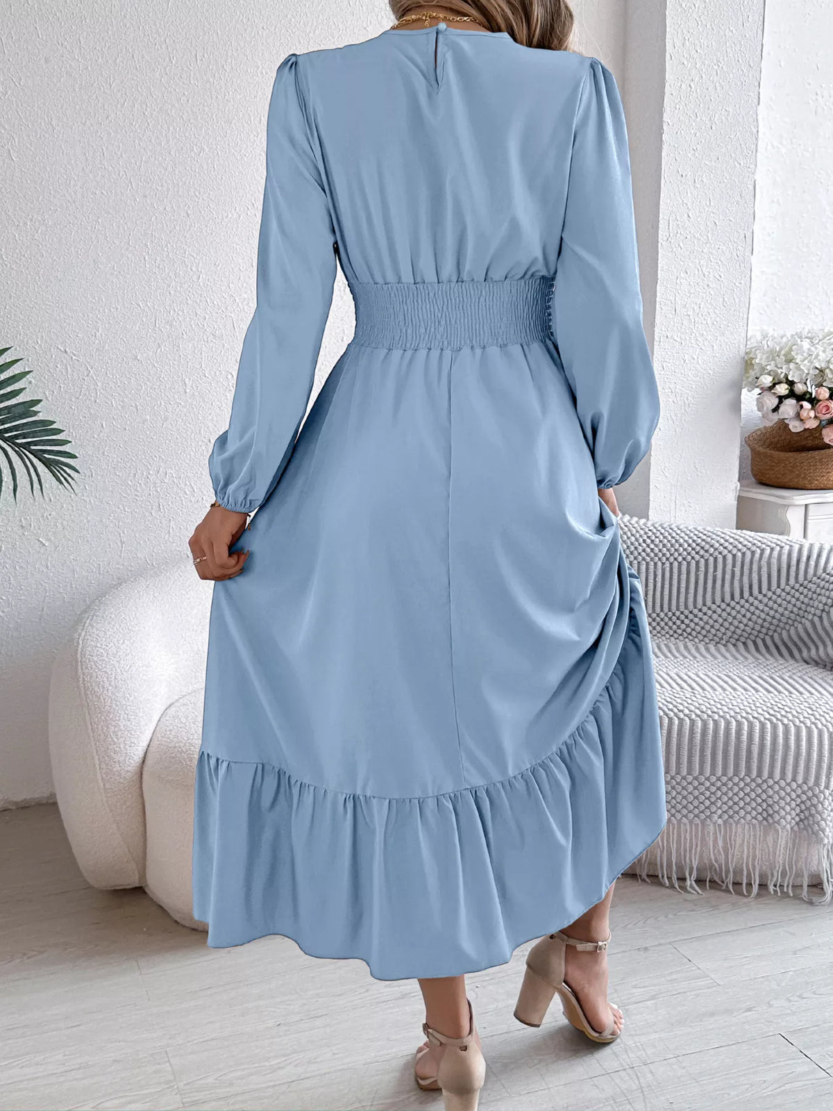 Round Neck Balloon Sleeve Tiered Dress (25)