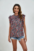 Ruffled Ditsy Floral Mock Neck Cap Sleeve Blouse (3)