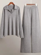 Polo Collar Top Wide-leg Pants Set (28)