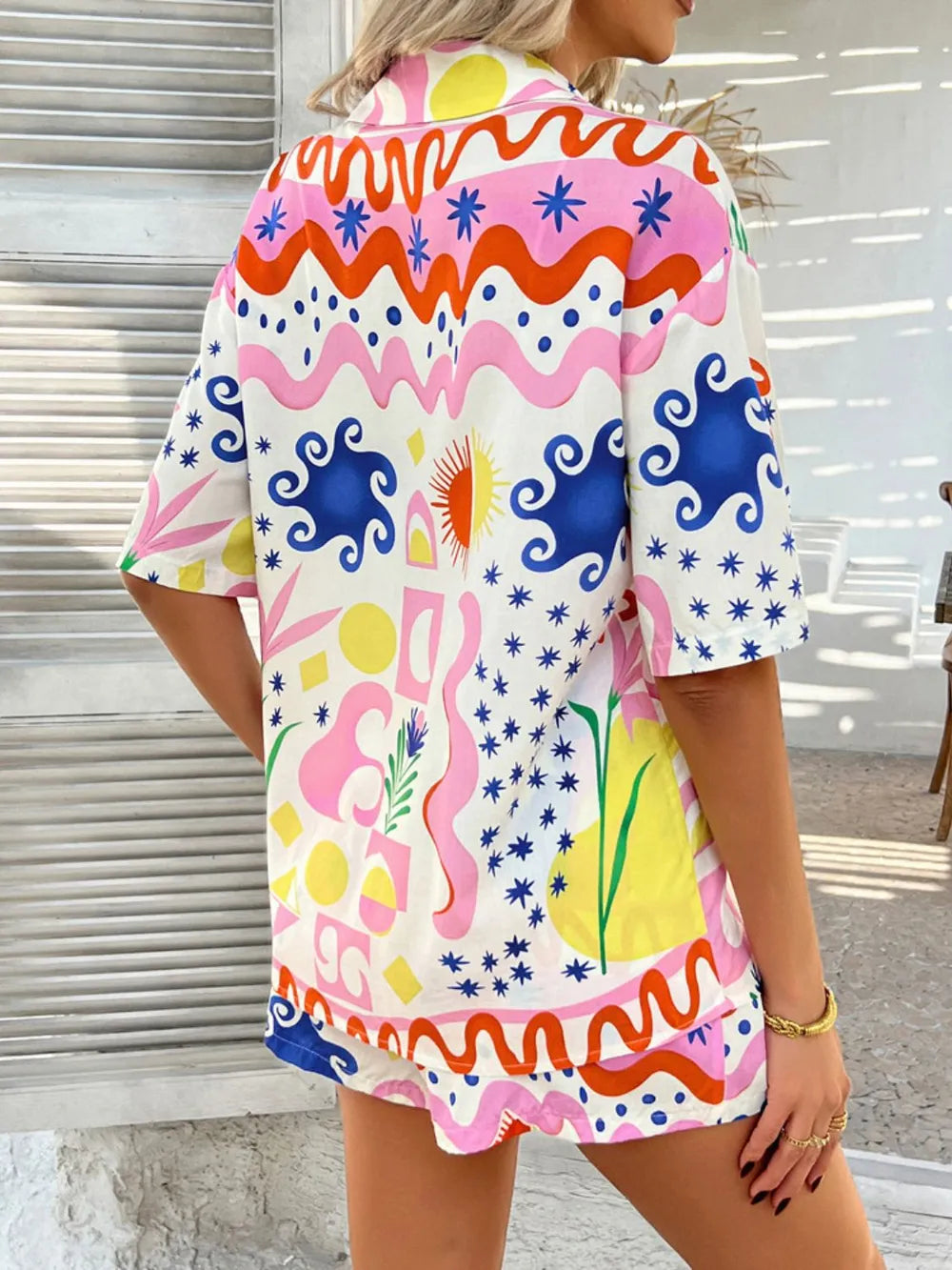Printed Button Down Shirt Shorts Set (23)