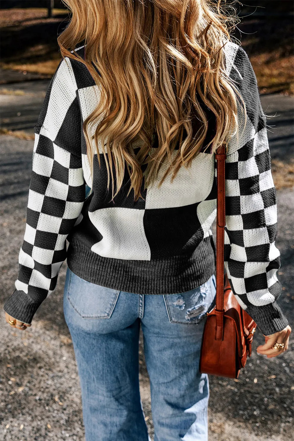 Checkered Round Neck Drop Shoulder Sweater (20)