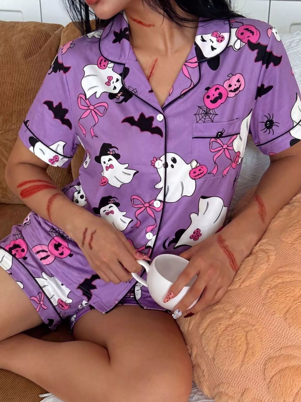 Halloween Ghost Print Button-down Top Shorts Lounge Set (10)