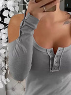 Cold Shoulder Ribbed Henley T-shirt Button Detail (12)