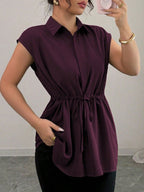 Drawstring Waist Cap Sleeve Shirt (17)