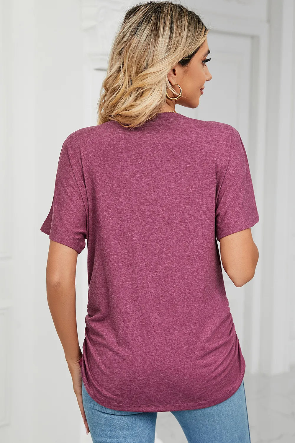 Ruched V-neck Short Sleeve T-shirt (24)