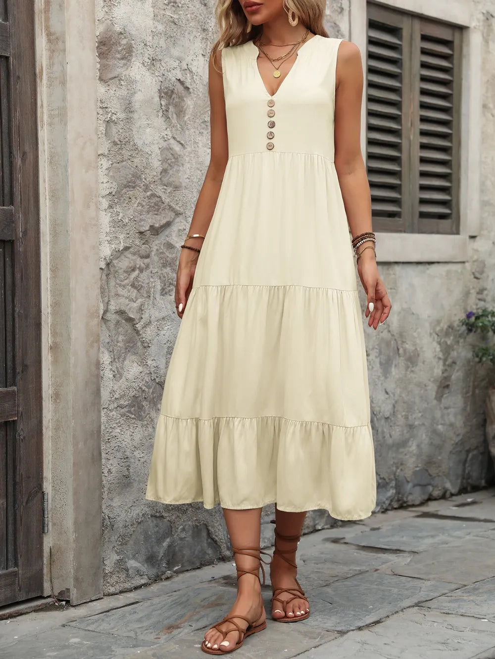 Decorative Button Notched Sleeveless Dress (26)
