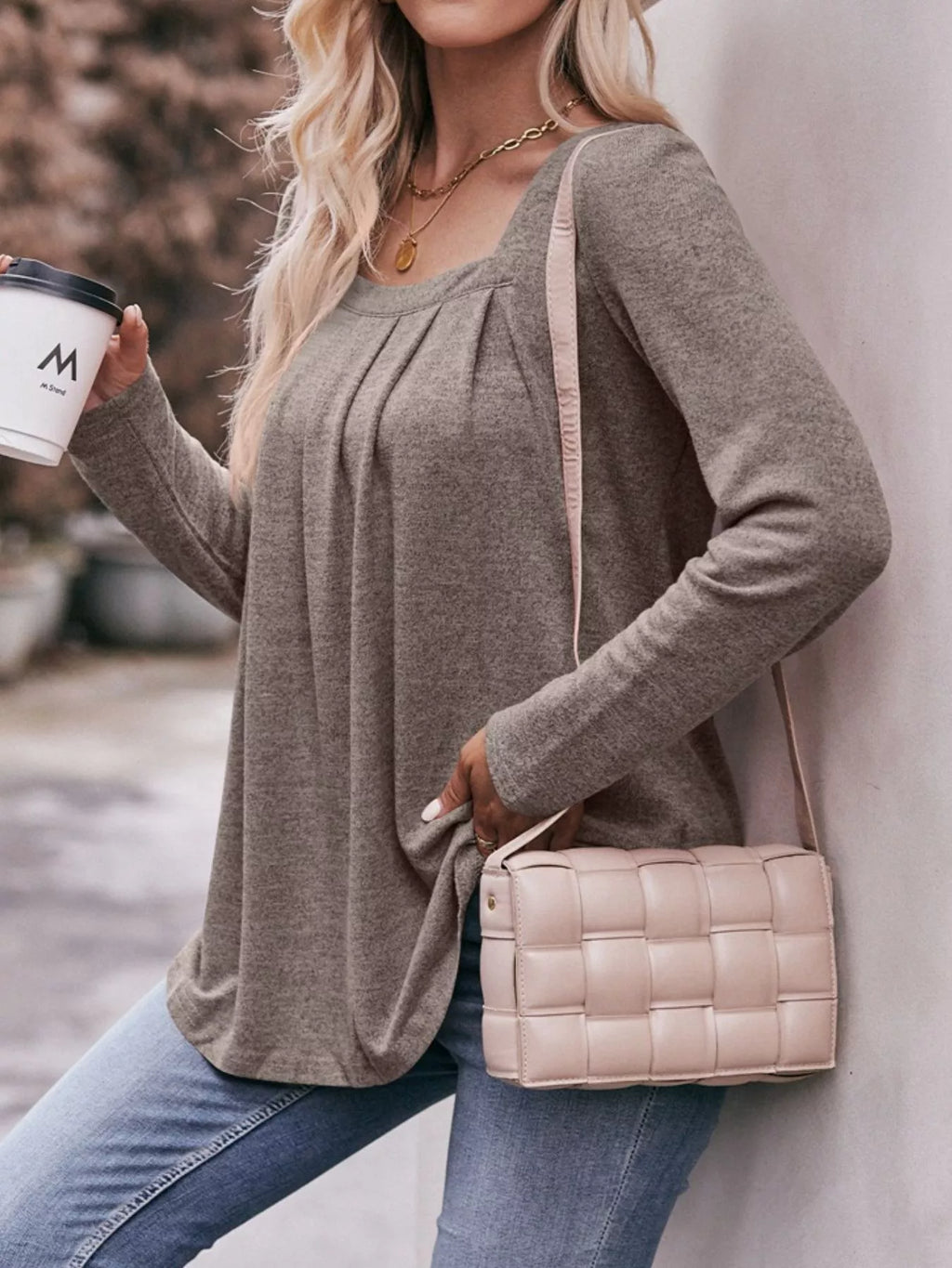 Pleated Square Neck Long Sleeve T-shirt (15)