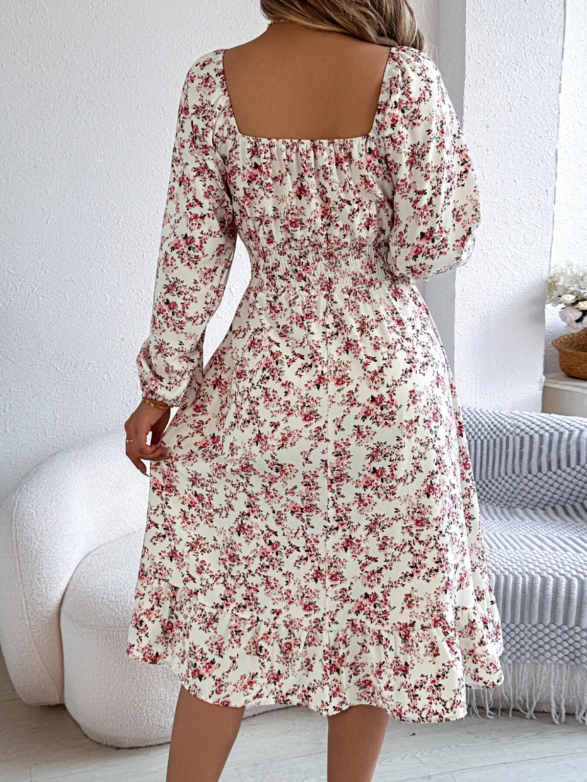 Floral Print Long Sleeve Square Neck Midi Dress (23)