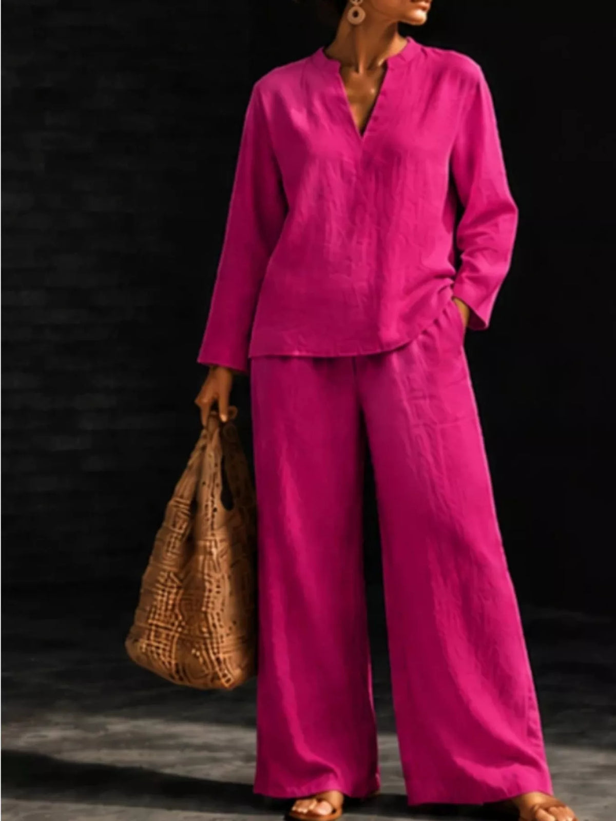 Notched Long Sleeve Top Pants Set (26)