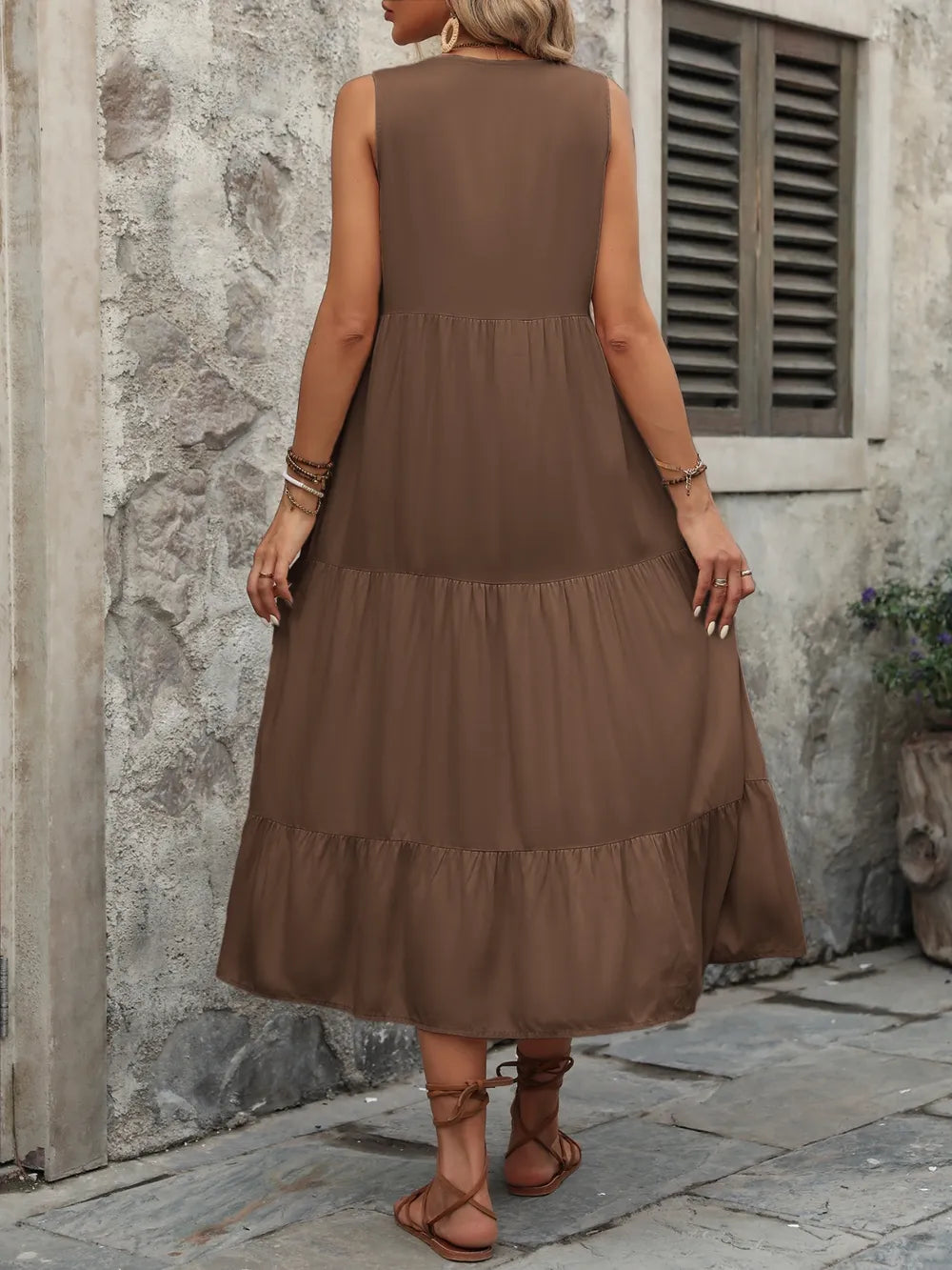 Decorative Button Notched Sleeveless Dress (19)