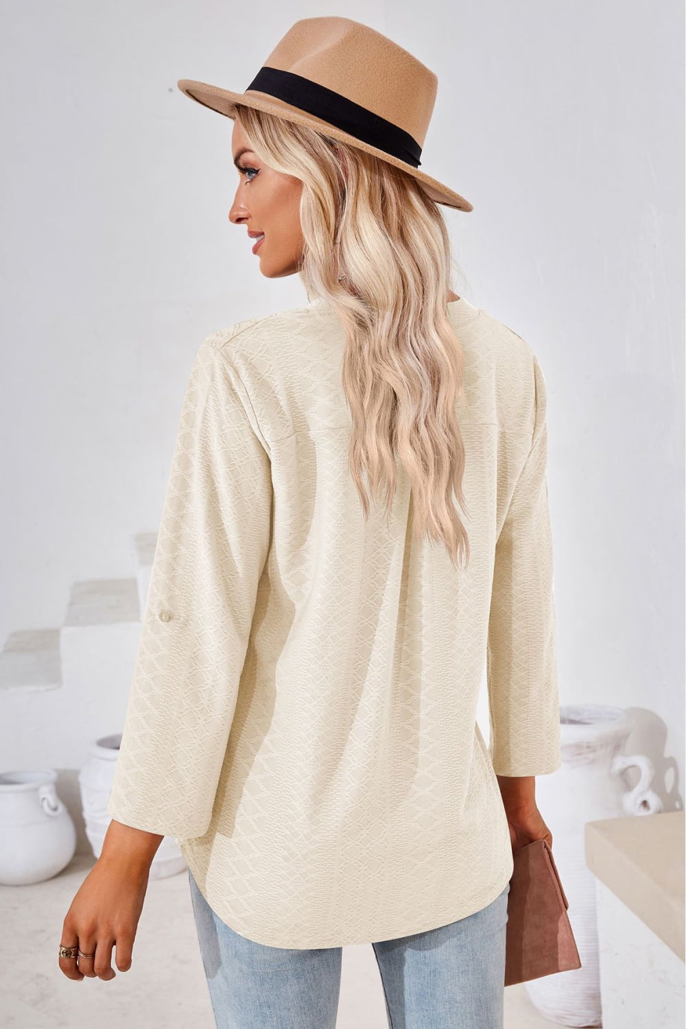 V-neck Roll-tap Sleeve Blouse (2)