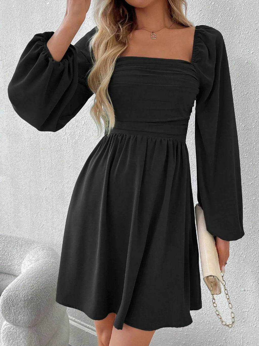 Ruched Square Neck Long Sleeve A-line Dress (11)