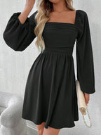 Ruched Square Neck Long Sleeve A-line Dress (11)