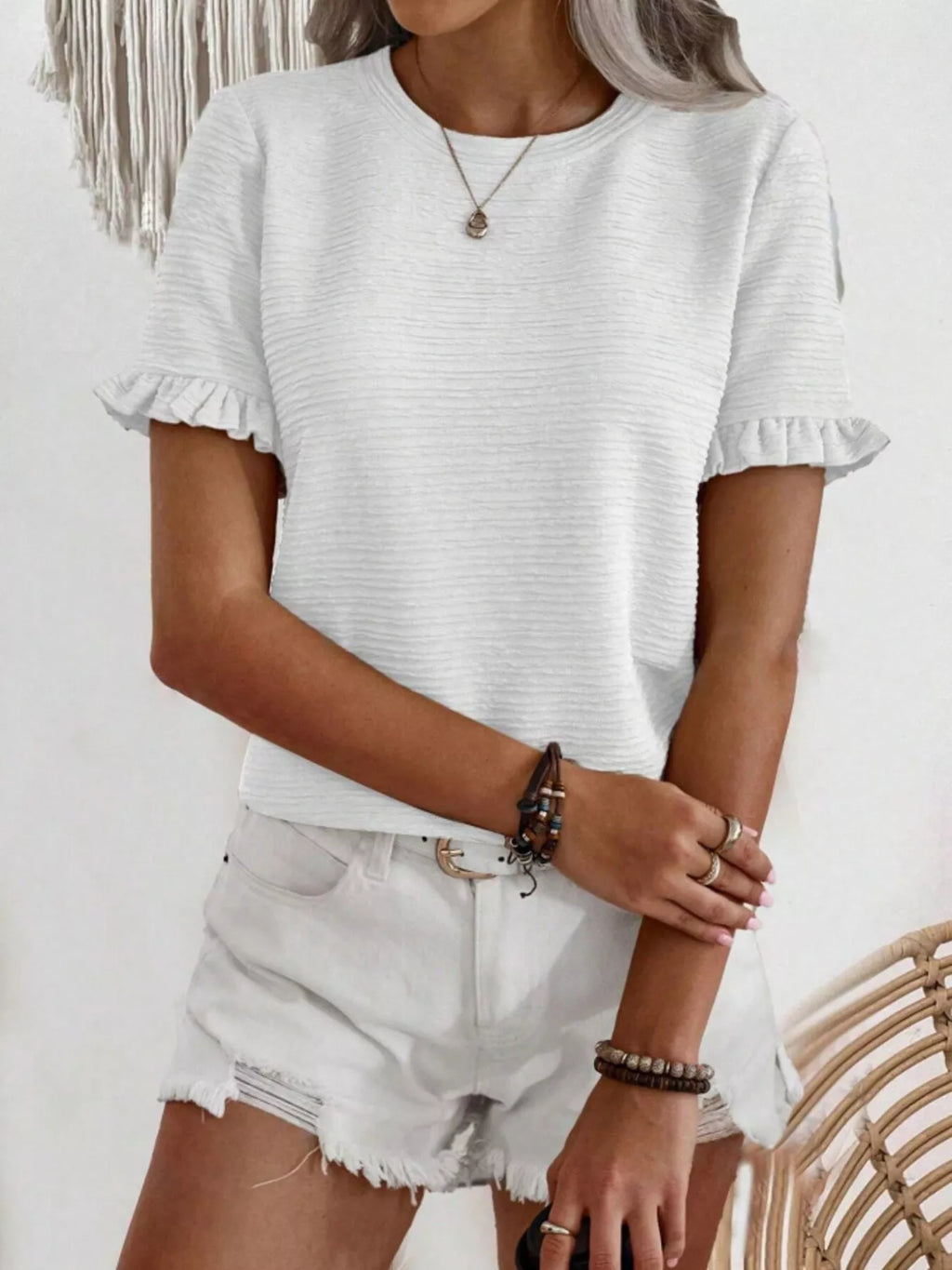 Textured Ruffle Sleeve Round Neck T-shirt (27)