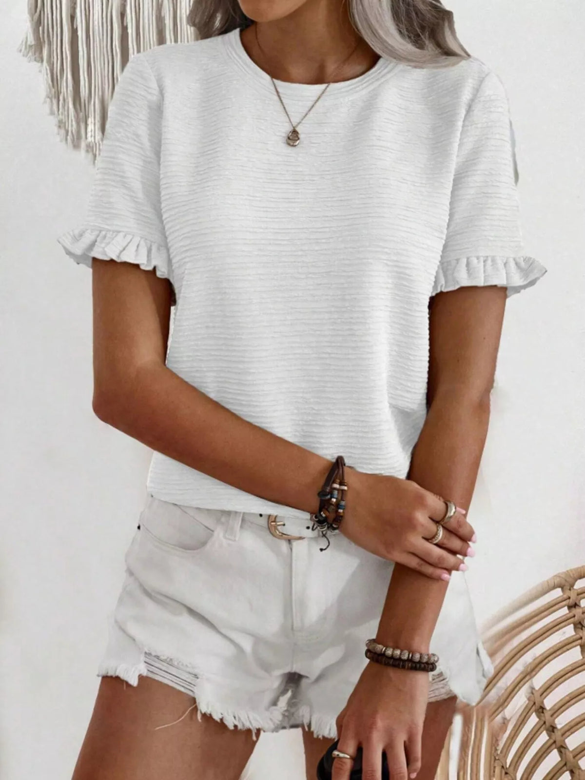 Textured Ruffle Sleeve Round Neck T-shirt (27)