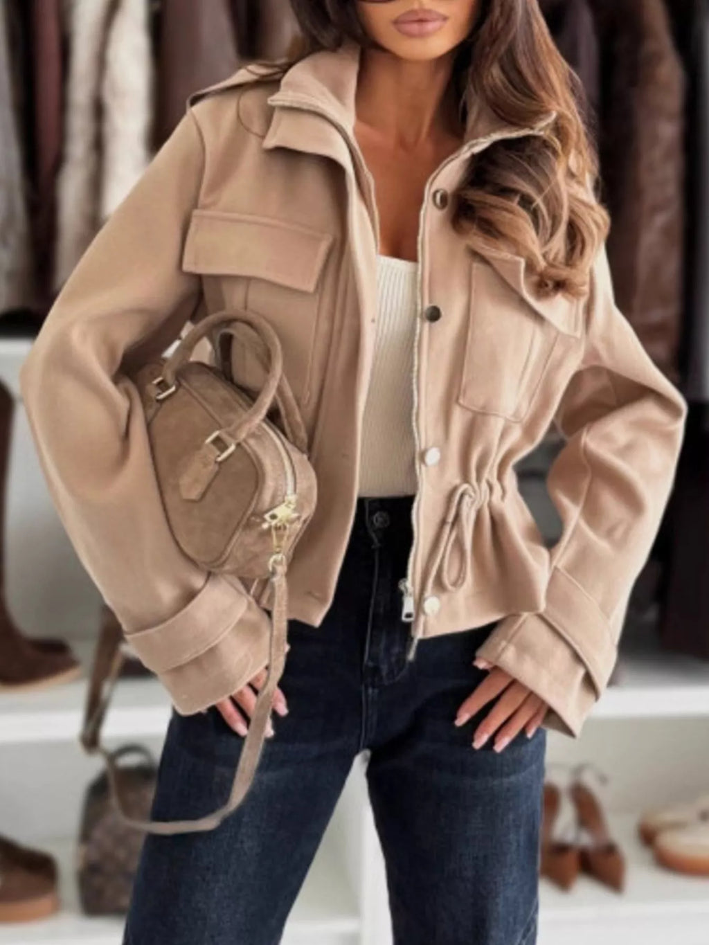 Drawstring Button-up Casual Jacket