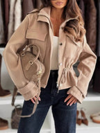Drawstring Button-up Casual Jacket