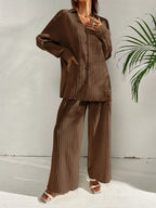 Long Sleeve Shirt Wide Leg Pants Set (2)
