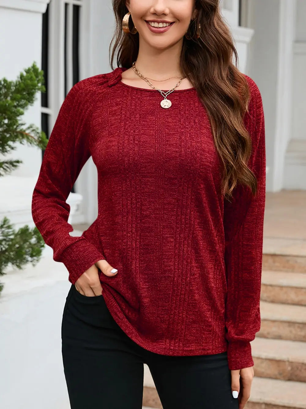 Texture Round Neck Long Sleeve Knit Top (11)