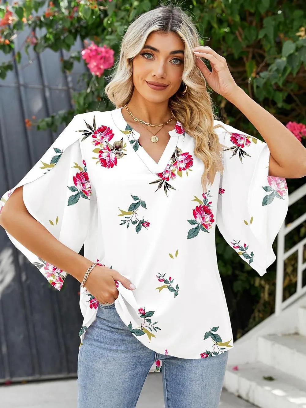 Printed Notched Half Sleeve Blouse (22)