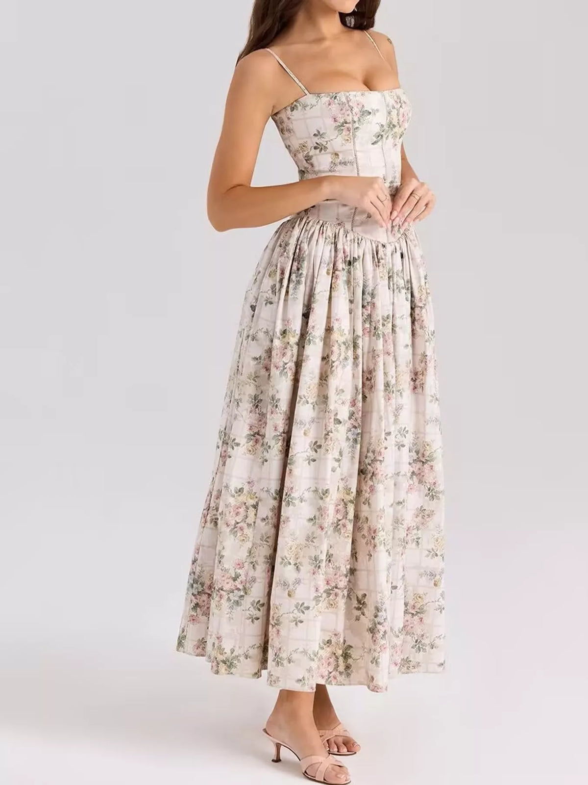 Floral Spaghetti Straps Midi Dress (45)