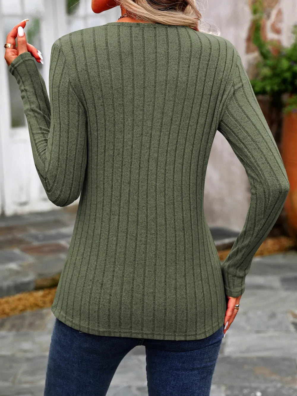 Decorative Button Round Neck Long Sleeve T-shirt (27)