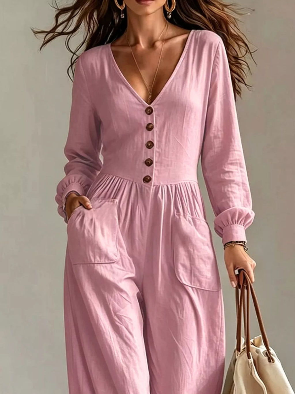 V-neck Long Sleeve Button-down Wide Leg Jumpsuit (6)