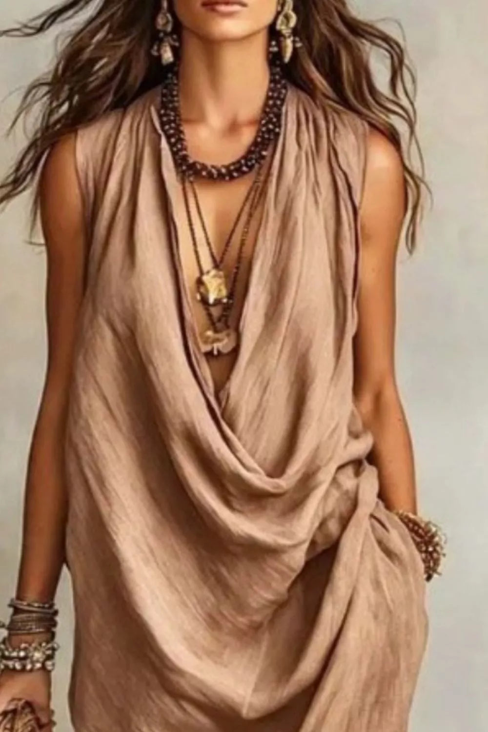 Sleeveless Drape Neck Midi Dress (5)