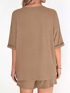 Solid Color V-neck Shorts Set (2)