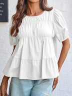 Tiered Round Neck Puff Sleeve Ruched Blouse (4)