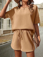 Waffle-knit Half Sleeve Top Shorts Set (6)