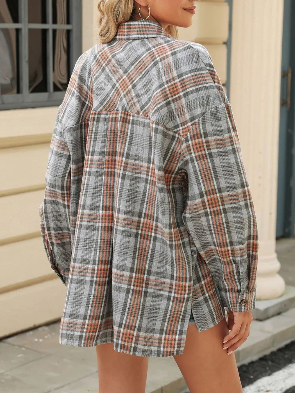 Pocketed Plaid Collared Neck Long Sleeve Shirt (2)
