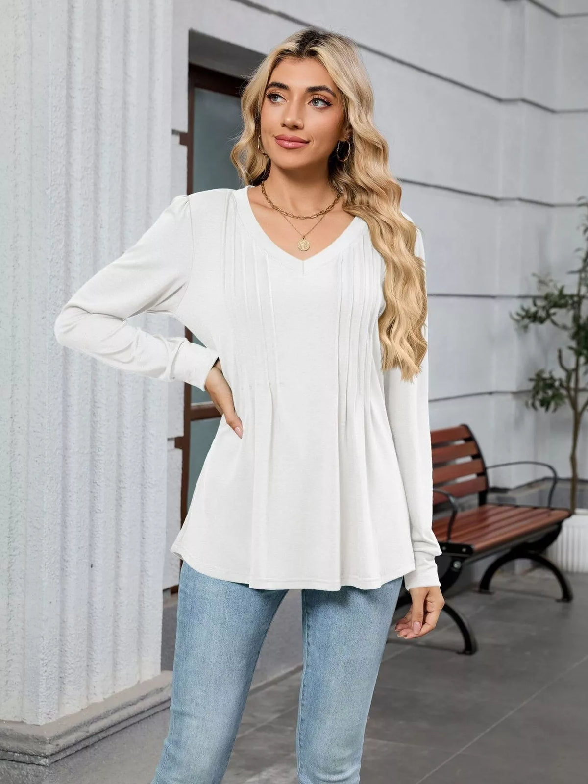 V-neck Long Sleeve Relaxed Fit T-shirt