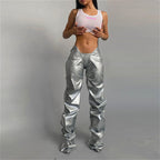 Faux Leather Low-rise Street Snap Straight Leg Casual Pants photo 3