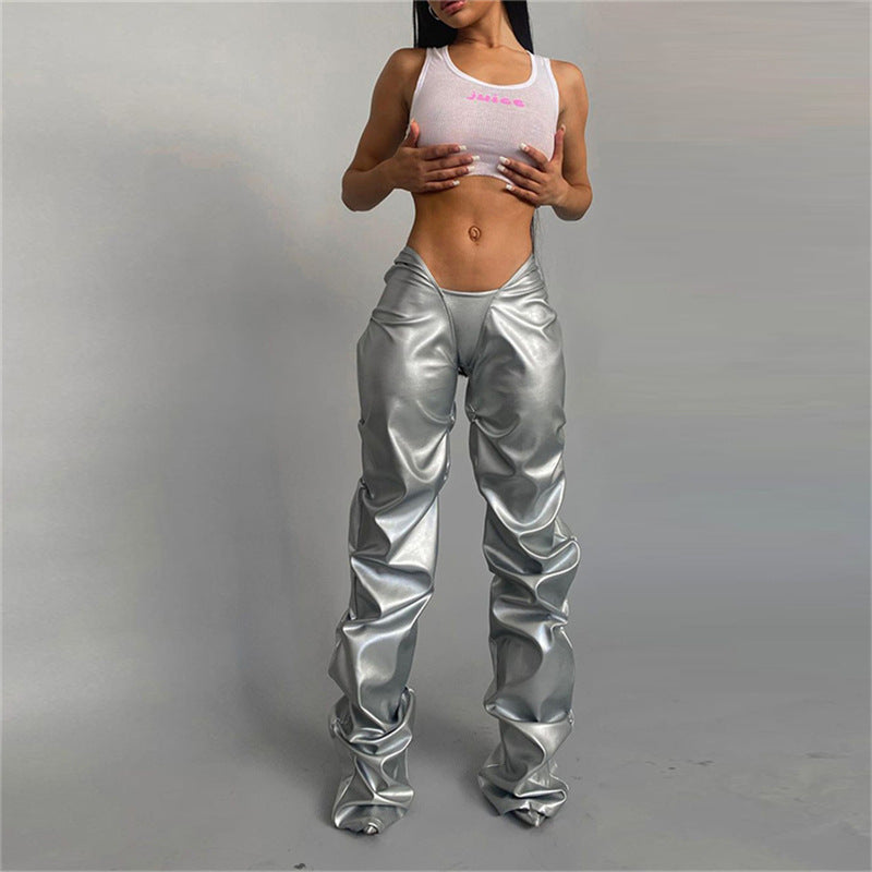 Faux Leather Low-rise Street Snap Straight Leg Casual Pants photo 3