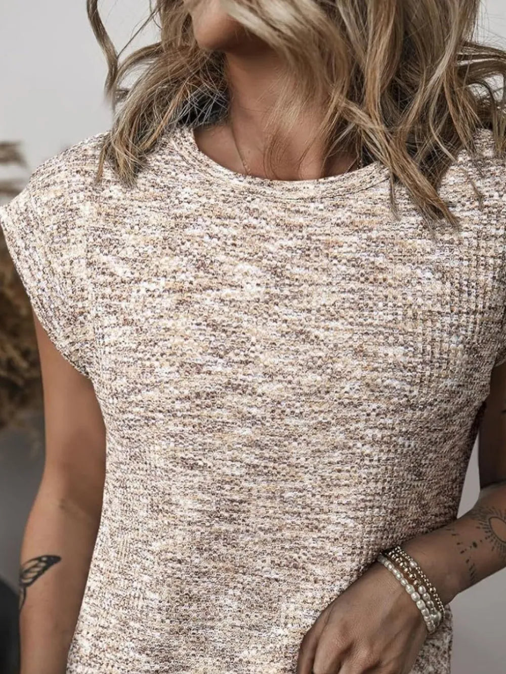 Heathered Round Neck Cap Sleeve T-shirt (6)