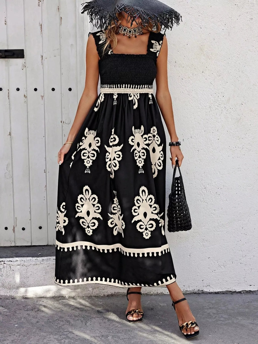 Smocked Printed Square Neck Maxi Dress (14)
